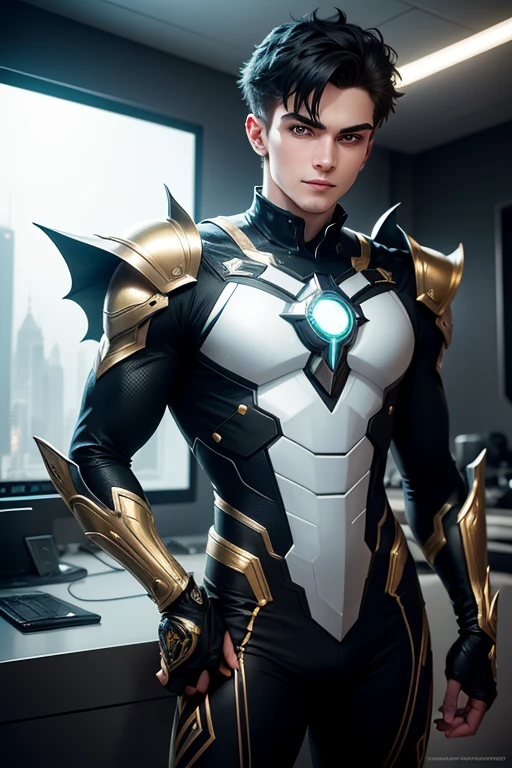 A highly detailed photograph of a white 18-year-old guy futuristic green eyes, well groomed short black hair, looking straight at the camera, superhero costume with dragon details, silver and gold,masculine pose, looking at the camera head on, handsome, atractive, with  mischievous look, happy expression, in a tech futuristic room, beautiful illumination. hyperrealistic, hyperdetailed, 4k,
