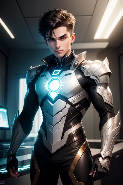 A highly detailed photograph of a white 18-year-old guy futuristic green eyes, well groomed short black hair, looking straight at the camera, superhero costume with dragon details, silver and gold,masculine pose, looking at the camera head on, handsome, atractive, with mischievous look, happy expression, in a tech futuristic room, beautiful illumination. hyperrealistic, hyperdetailed, 4k,