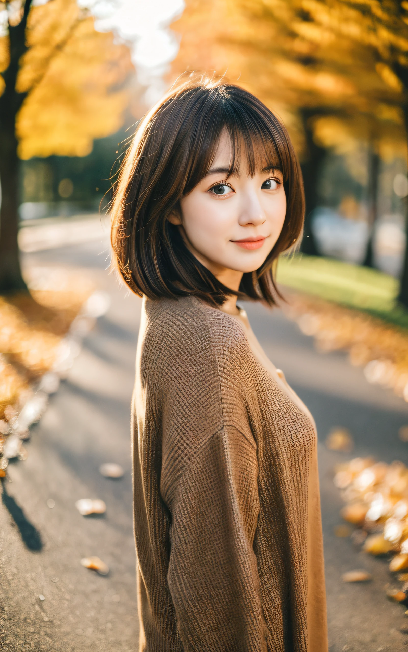 masutepiece, Best Quality, 8K, 1 girl, in autumn, Tree-lined avenue of autumn leaves, out of focus, 18 yo, medium breasts, Mouth slightly open, cute little, Solo, sad, Clothes that look good in autumn, Cute, Girly, Delicate girl, Neat and clean beauty, Raw photo, Professional Photography, Portrait, Soft light, Professional Lighting, Back lighting, Upper body, see the beholder, Sophisticated, Film grain, (Eyes and faces with detailed:1.0), Medium hair swaying in the wind, beautiful flowing brown hair, Bangs