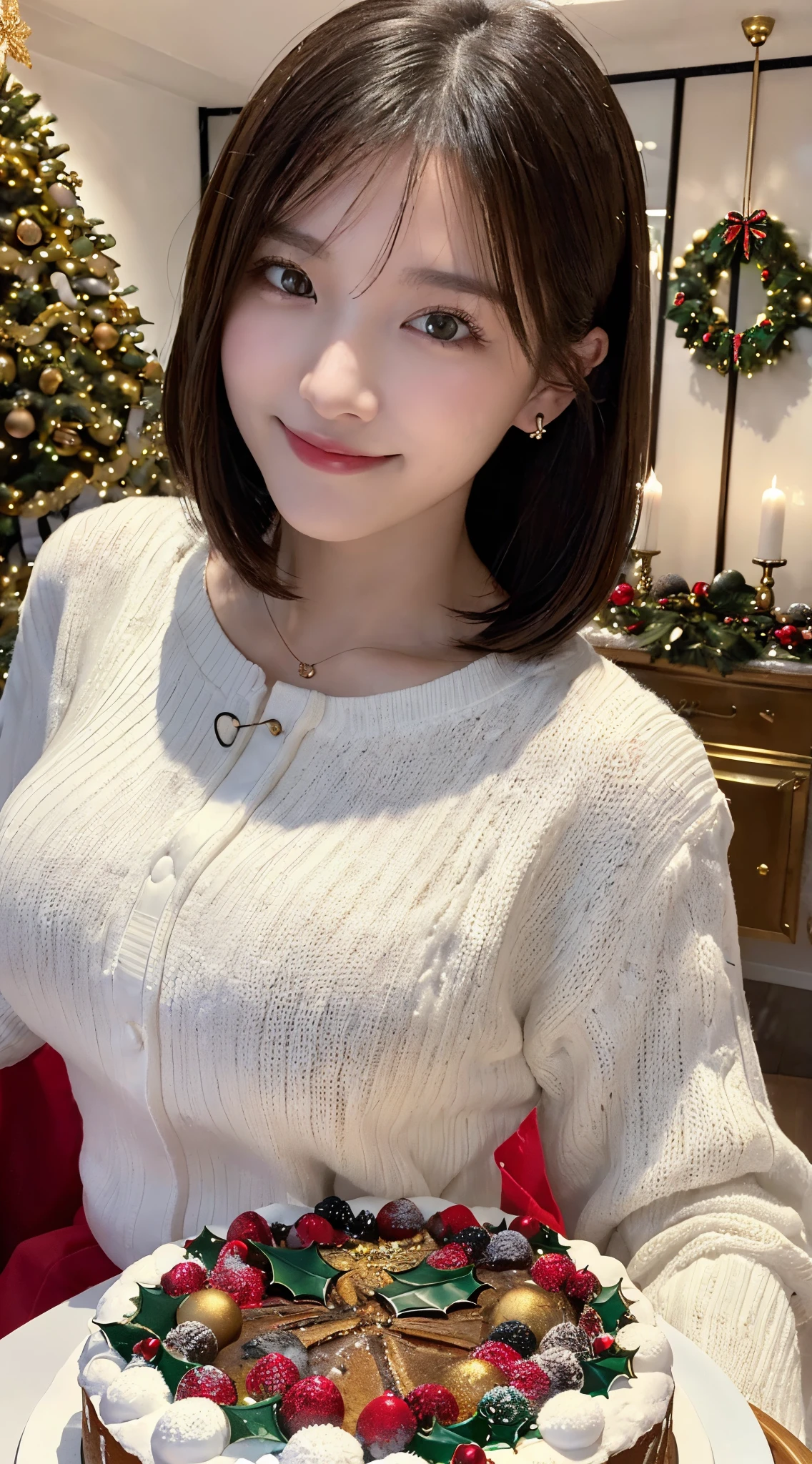 (top-quality,8K picture quality,​masterpiece:1.3,),(超A high resolution,Photorealsitic:1.4,Raw photography),(ultra-detailliert,Caustics,perfect anatomia),(Ultra-realistic capture,Beautifully detailed skin),(A girl smiling broadly in front of a large Christmas cake),(Close-up of a very large Christmas cake:1.3),livingroom,18year old,Black hair short bob,One heavy,White sweater,large ,stares at the camera,-up shot,(high-angle),Warm color lighting