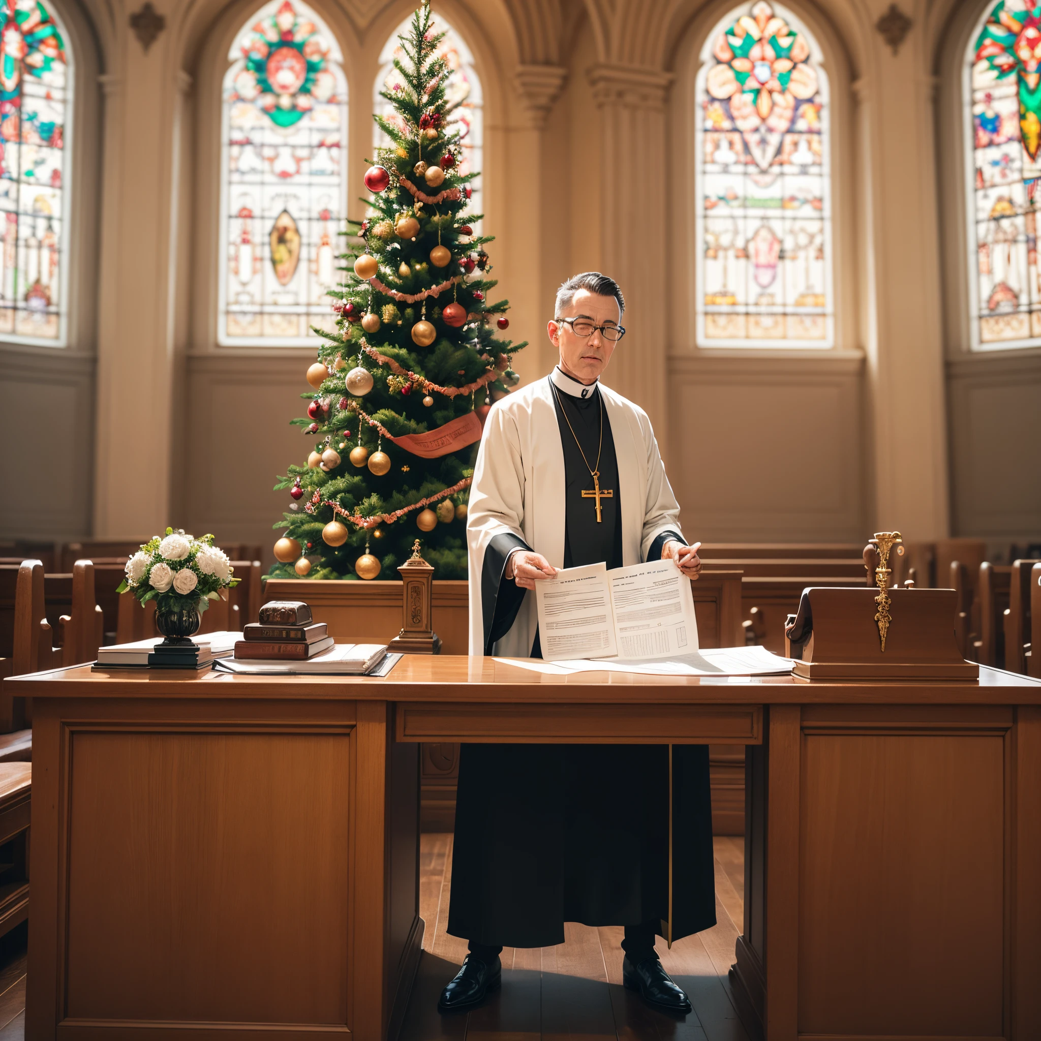 A church pastor reading a golden Bible in front of a window with colored church glass, the pastor wears white Tommy Hilfiger underwear, he has short black hair and a short beard, the shepherd has hairy legs and a thin abdomen, wearing a shepherd&#39;s cassock, looking straight ahead, orgasm face.