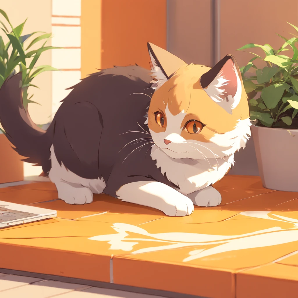 Cute isometric cat emoticon, tuxedo jack, black and white cat, Fluffy and cute,The kitten is about to cry and lie down all over ,Pastel gold background, soft and muted colors, 3d icon clay render, springtime: 120mm, 3d blender render, Trending on Polycount, modular constructivism, Orange background, physically-based renderingt,