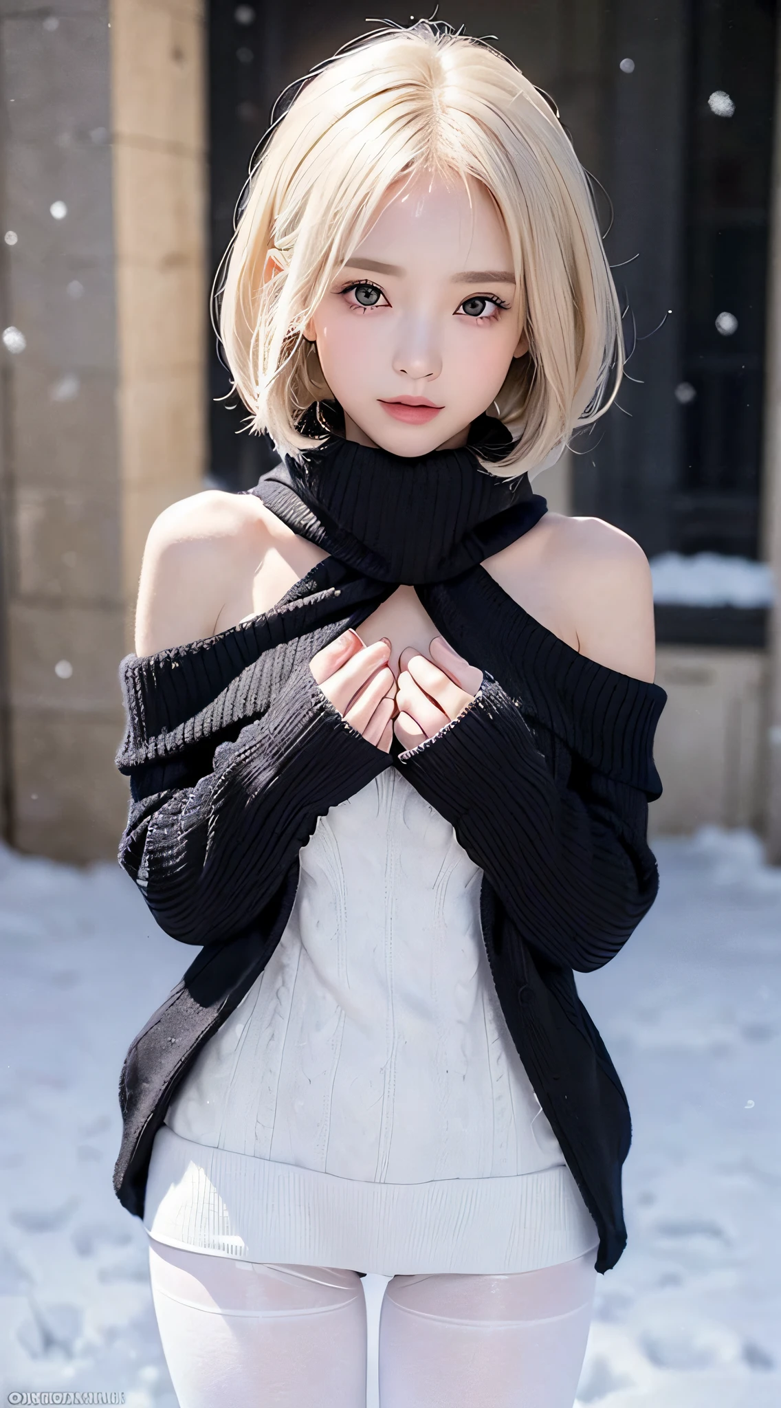 (a closeup:1.4)、(Raw photography:1.2)、(Photorealsitic:1.4)、(masterpiece:1.3)、(top-quality:1.4)、dream-like、(A detailed eye)、(detailed facial features)、(detailed clothes features)、Clear skin、(shinny skin)、(Slender and beautiful girl)、(Beautiful leg lines)、one girls、(FULL BODYSHOT)、独奏、cute little、Happy smiling face、(huge-breasted)、beauty breast、(cleavage of the breast)、(erectile nipple:1.2)、bangss、a short bob、A dark-haired、Black eye、(Long Scarf、White wool sweater、off shoulders、a miniskirt、Black thick pantyhose、Snow boots:1.3)、Raise both hands、Panties are visible、obscenity、erotick、(snowscape)、
