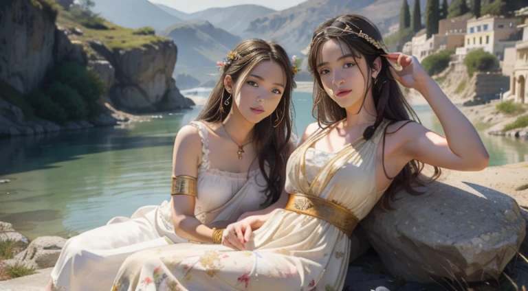NSFW, 8K Raw photograph, best qualtiy, tmasterpiece, 超高分辨率, filmgrain, cinematic ligh,looking at viewert, Natural skin texture,Realistic Eyes and Face Details,((Realistic:1.5)),Ulzzang-6500:1.4,((Best quality)), ((Masterpiece)),((Detailed)),2girls,duo,{2 beautiful women}, (Upper body:1.3),Hug and touch each other, Tease your friend's waist, Breathless friends, Biting a friend's earlobe, crouched,super wide shot,Face focus, Long legs,Curvy, Barefoot,Wide hips, Thin legs, Oversized eyes,Long eyelashes, (Detailed face,beautidful eyes, detailedpupils,detailed clothes features, Clear background:1.3), (armlets, bangle:1.3), Mysterious ancient ruins, floresta exuberante, Deep canyon,bridge,River,cliff,Cloud,lakes,Rock music,Waterfalls, Flowers, Grass,grape trees,tree,bright detail,Sharp,Perfect compounding, Intricate, Sharp focus, Dramatic,