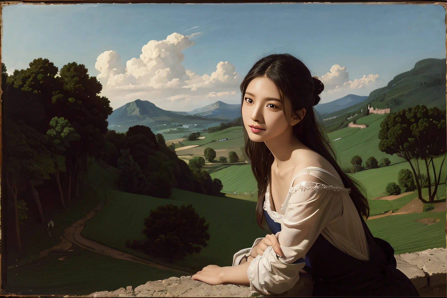 Poussin-style landscape,A smile,,Sweet and seductive appearance.、Caravaggio's paintings、Chiaroscuro of Caravaggio、Hair disheveled in the wind