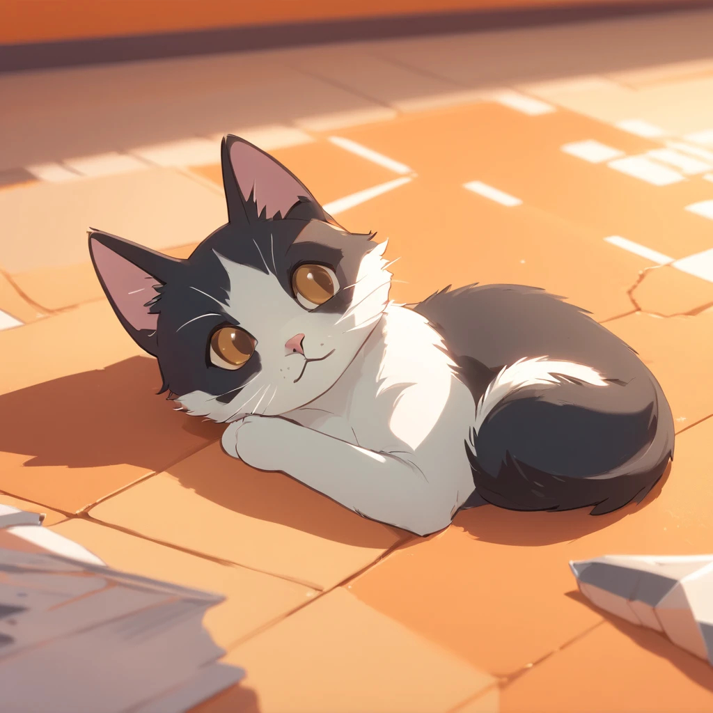 Cute isometric cat emoticon, tuxedo jack, black and white cat, Fluffy and cute, The kitten is about to cry and lie down all over ,Pastel gold background, soft and muted colors, 3d icon clay render, springtime: 120mm, 3d blender render, Trending on Polycount, modular constructivism, Orange background, physically-based renderingt,