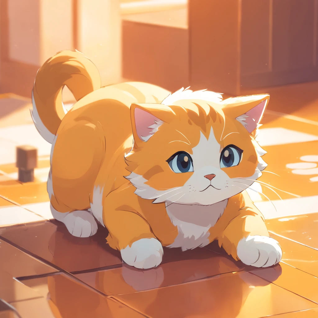 Cute isometric cat emoticon, tuxedo jack, black and white cat, Fluffy and cute, The kitten is about to cry and lie down all over ,Pastel gold background, soft and muted colors, 3d icon clay render, springtime: 120mm, 3d blender render, Trending on Polycount, modular constructivism, Orange background, physically-based renderingt,