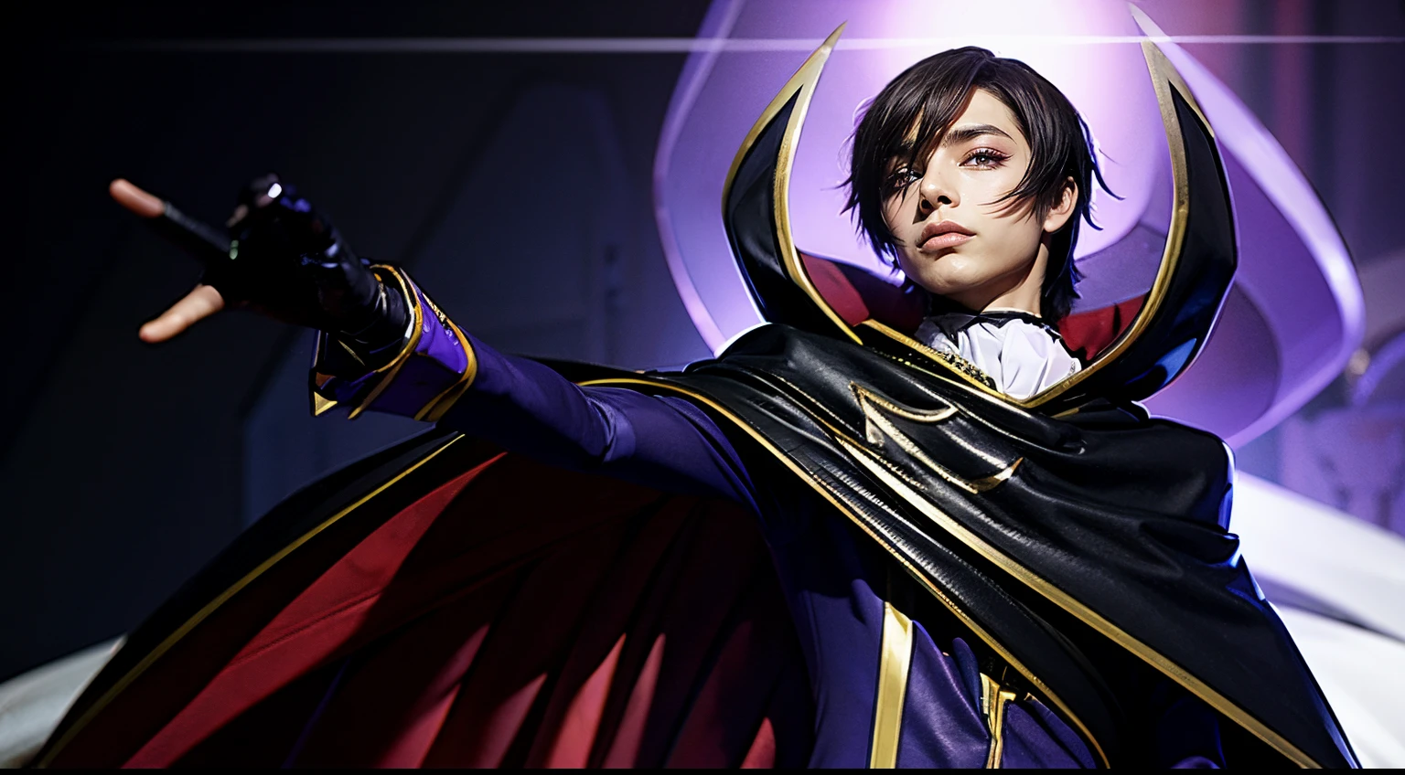 masterpiece, best quality, lelouch lamperouge, solo, holding mask, looking at viewer, standing, short hair, purple eyes, geass black cape, black gloves, brown hair, cape, formal, gloves, high collar, long sleeves, mask, pants, purple footwear, purple pants, purple suit, suit, mksks style, professional lightning, spotlight, city,