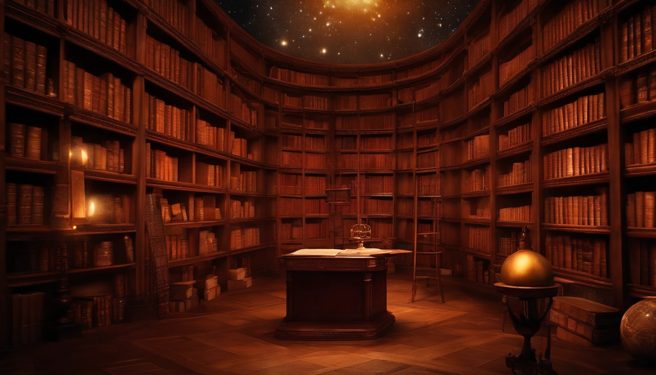 View from a rolling ladder in an ancient metaphysical library filled with leatherbound tomes and talismans under a night sky, celestial sphere arranged with numbers instead of stars, shelves packed with mystery