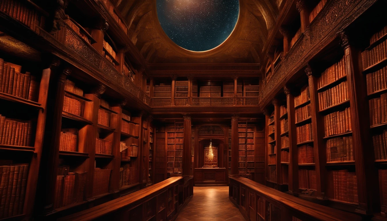 View from a rolling ladder in an ancient metaphysical library filled with leatherbound tomes and talismans under a night sky, celestial sphere arranged with numbers instead of stars, shelves packed with mystery