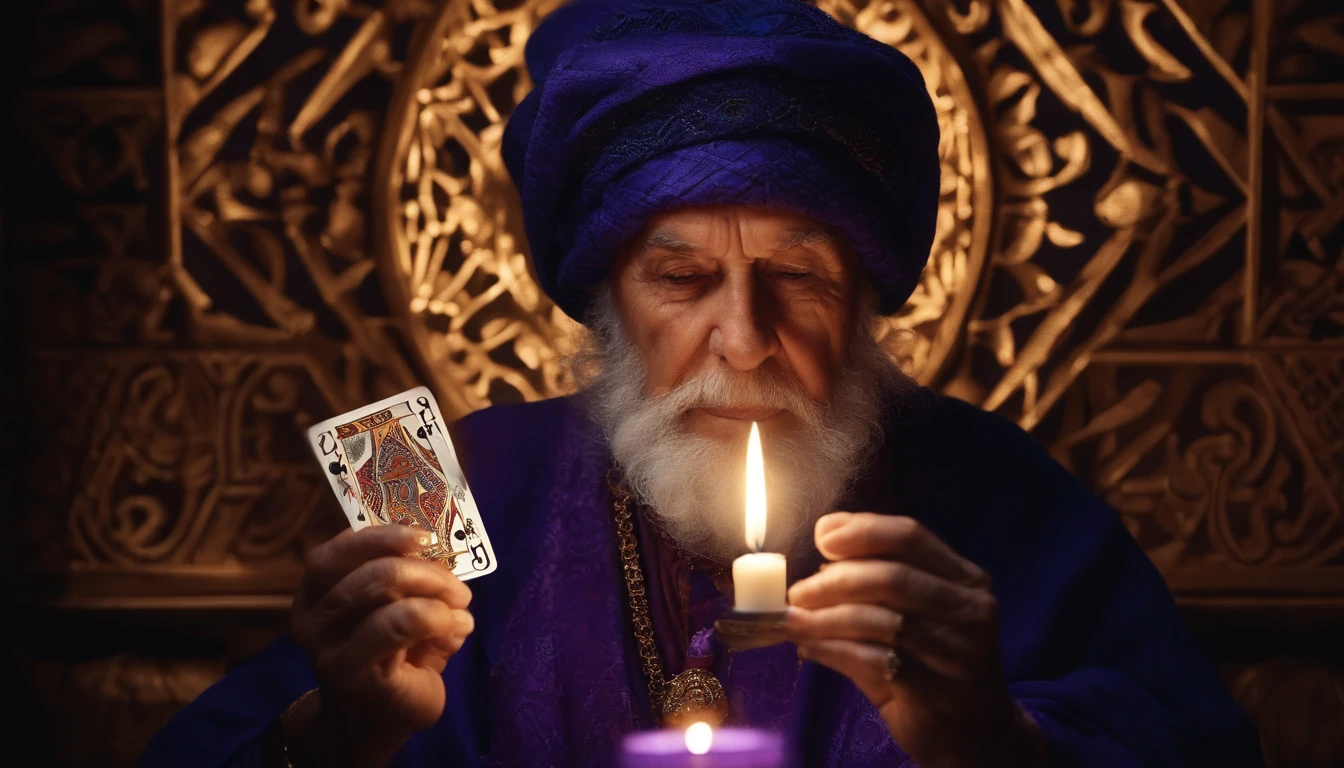 Magical realism portrait of an elderly fortune teller deciphering fate using cards with numerology symbols and geometric patterns, face half lit by candle creating dramatic shadows, rich blue and purple tones, air of esoteric wisdom