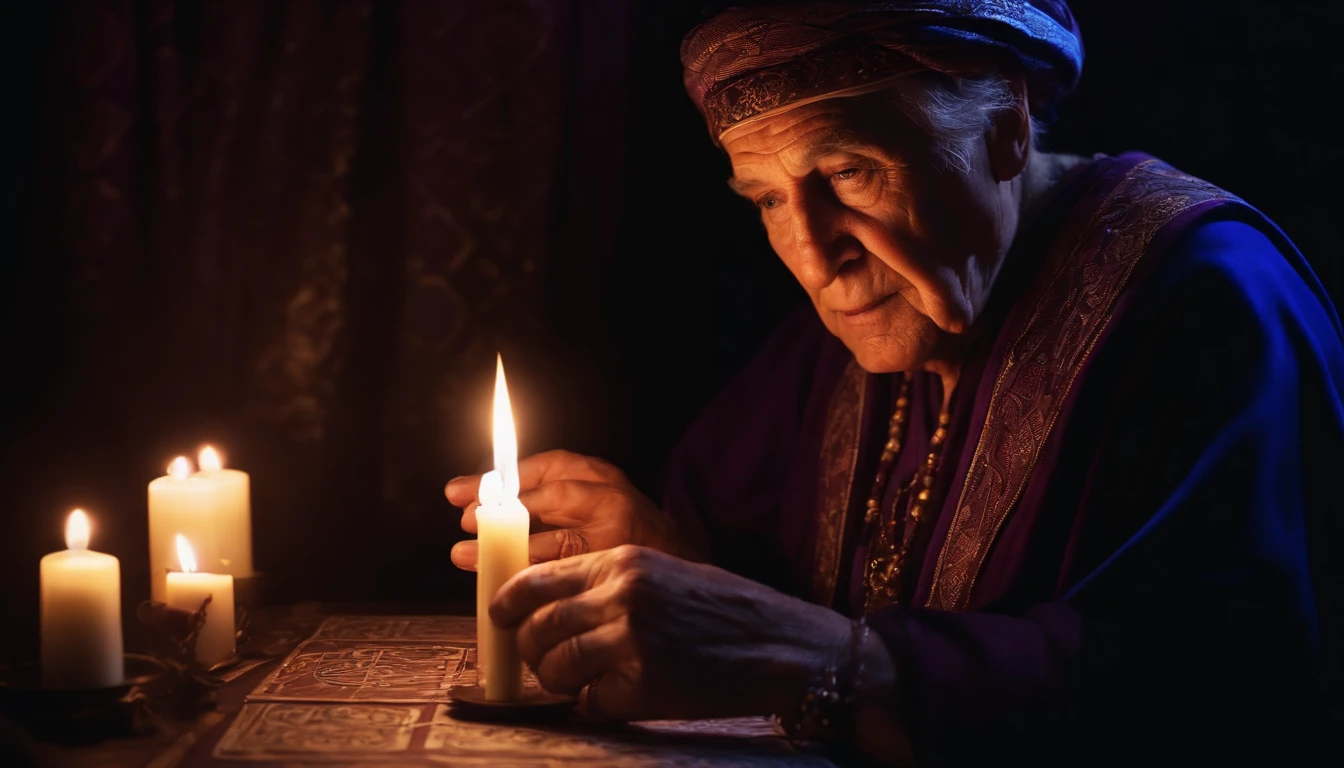 Magical realism portrait of an elderly fortune teller deciphering fate using cards with numerology symbols and geometric patterns, face half lit by candle creating dramatic shadows, rich blue and purple tones, air of esoteric wisdom