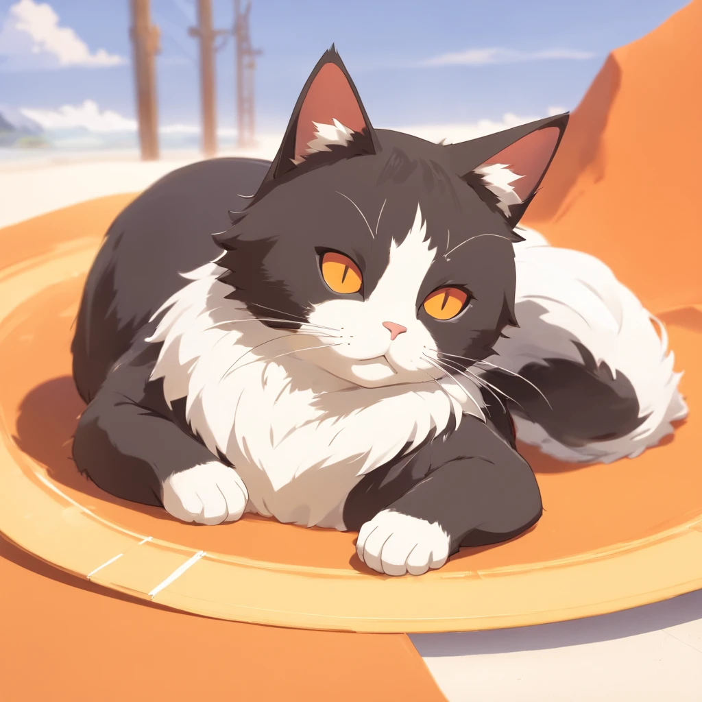 Cute isometric cat emoticon, tuxedo jack, black and white cat, Fluffy and cute,     Kitten lying down with eyes closed，full bodyesbian ，Pastel gold background, soft and muted colors, 3d icon clay render, springtime: 120mm, 3d blender render, Trending on Polycount, modular constructivism, Orange background, physically-based renderingt,