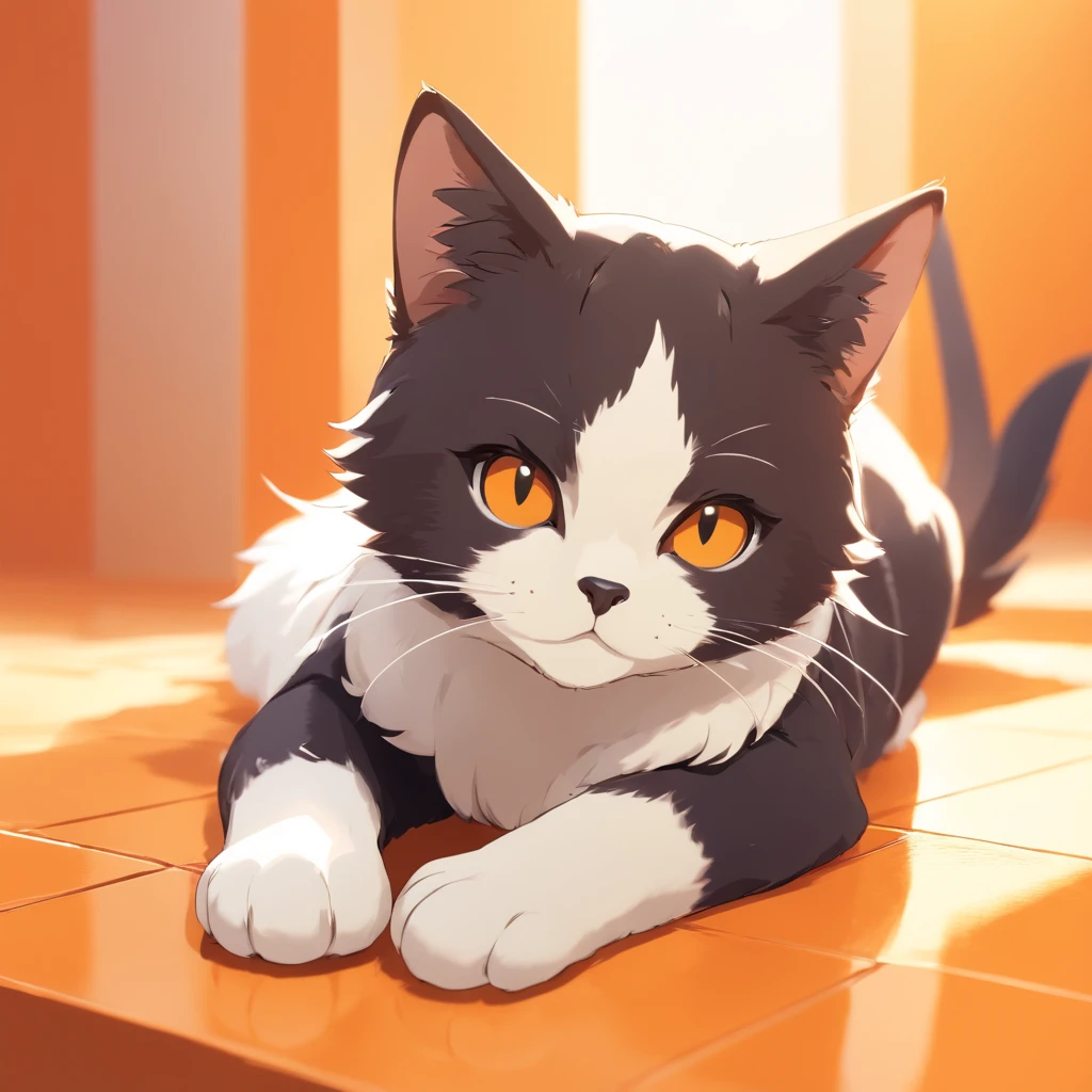 Cute isometric cat emoticon, tuxedo jack, black and white cat, Fluffy and cute, Kitten lying down with eyes closed,full bodyesbian ,Pastel gold background, soft and muted colors, 3d icon clay render, springtime: 120mm, 3d blender render, Trending on Polycount, modular constructivism, Orange background, physically-based renderingt,