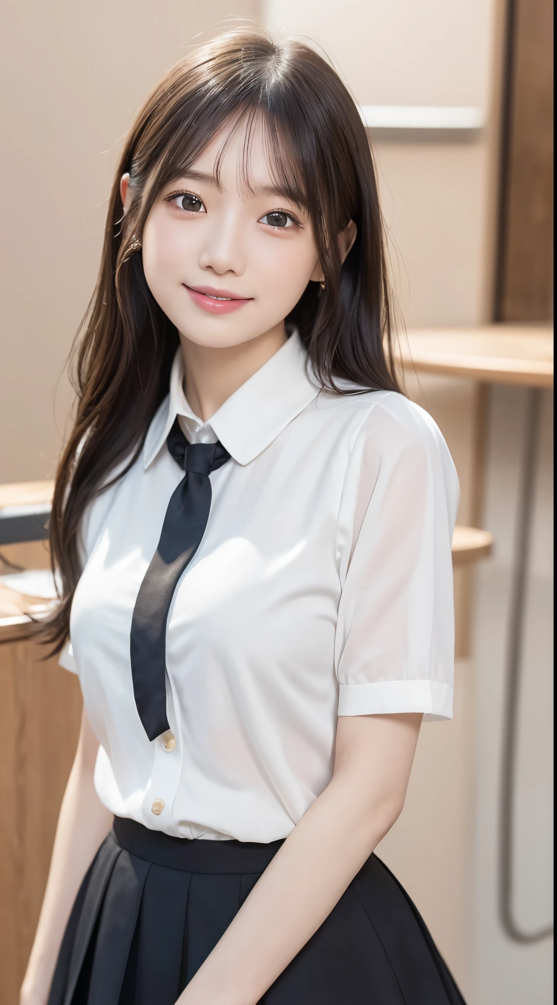 best qualtiy，tmasterpiece，超高分辨率，（realisticlying：1.4），1girll， Refined face，Smaller bust，office lady uniform，Office wear，black lence stockings，School classroom scene，