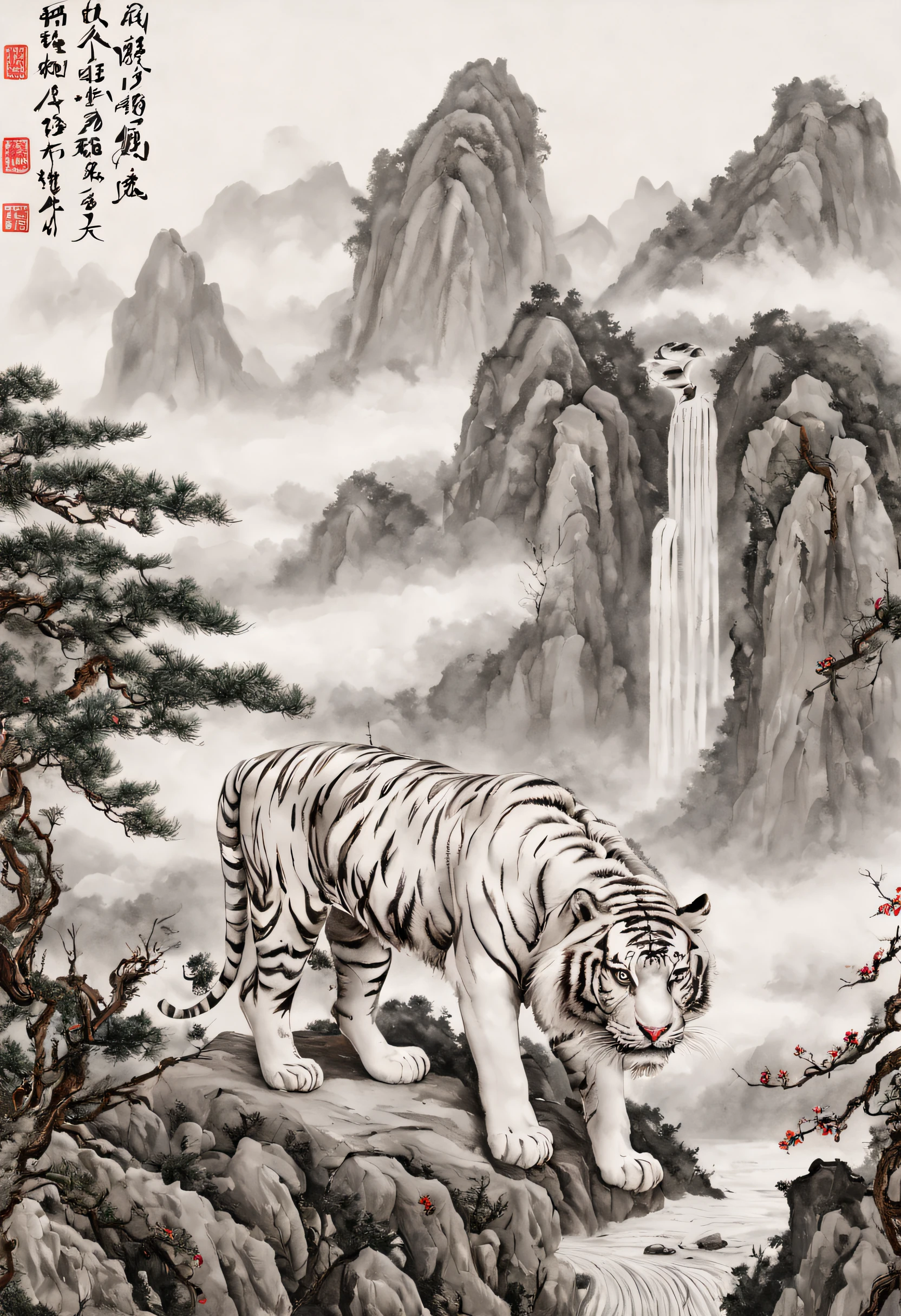 The white tiger is mighty and ferocious，Green pines and tall cypresses，Surrounded by clouds，craggy mountains，old palace，Surrounded by snow and ice，[(white backgrounid:1.5)::5]，中景 the scene is，Full body photo，Chinese，Plum blossom fragrance，stone fragment，Beautiful and delicate Chinese white tiger，(Fine strokes: 1.1), Dynamic depiction, Vivid and real, mesmerizing charm, rich pictures, 8K, Ink painting and watercolor, artistic décor, expected insert, wide angles, super detailing, Best quality, A high resolution, Anatomical correct