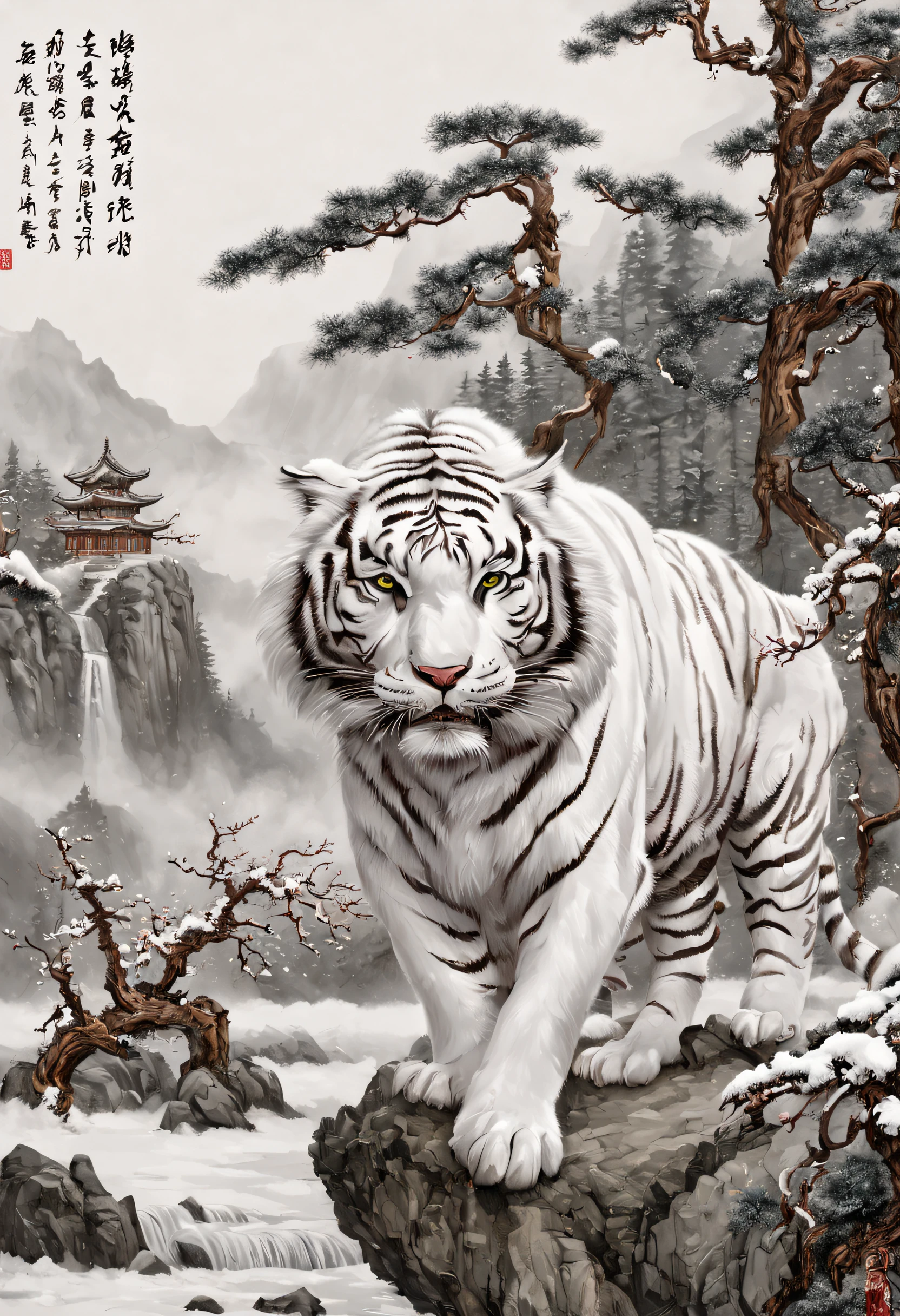 The white tiger is mighty and ferocious，Green pines and tall cypresses，Surrounded by clouds，craggy mountains，old palace，Surrounded by snow and ice，[(white backgrounid:1.5)::5]，中景 the scene is，Full body photo，Chinese，Plum blossom fragrance，stone fragment，Beautiful and delicate Chinese white tiger，(Fine strokes: 1.1), Dynamic depiction, Vivid and real, mesmerizing charm, rich pictures, 8K, Ink painting and watercolor, artistic décor, expected insert, wide angles, super detailing, Best quality, A high resolution, Anatomical correct