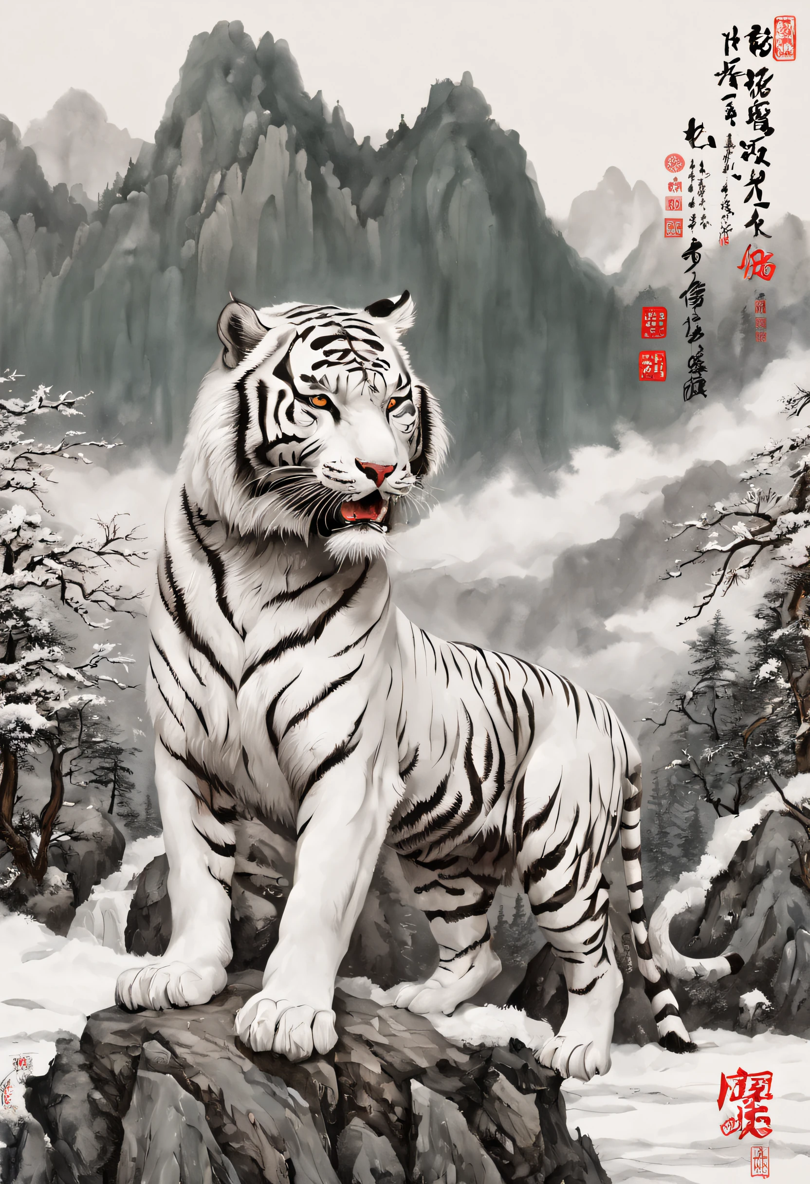 The white tiger is mighty and ferocious，Green pines and tall cypresses，Surrounded by clouds，craggy mountains，old palace，Surrounded by snow and ice，[(white backgrounid:1.5)::5]，中景 the scene is，Full body photo，Chinese，Plum blossom fragrance，stone fragment，Beautiful and delicate Chinese white tiger，(Fine strokes: 1.1), Dynamic depiction, Vivid and real, mesmerizing charm, rich pictures, 8K, Ink painting and watercolor, artistic décor, expected insert, wide angles, super detailing, Best quality, A high resolution, Anatomical correct