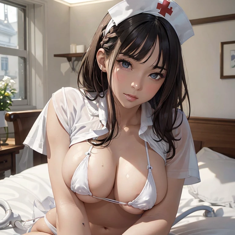 top-quality、Full limbs、(photorealistic:1.2)、complete fingers、1 beautiful woman、beautiful detailed eyes、super detailed skin、sweat、oil、Slender beauty、straight haired、blown hair、french braid、blunt bangs、head tilt、((white Nurse bikini、covered erectile nipples、very skinny))、cleavage、white nurse hat、White pantyhose、hospitals、Hospital Room、on Patient bed、(stethoscope)、((((vulgarity))))、spoken heart、（light dark skin：1.6）、