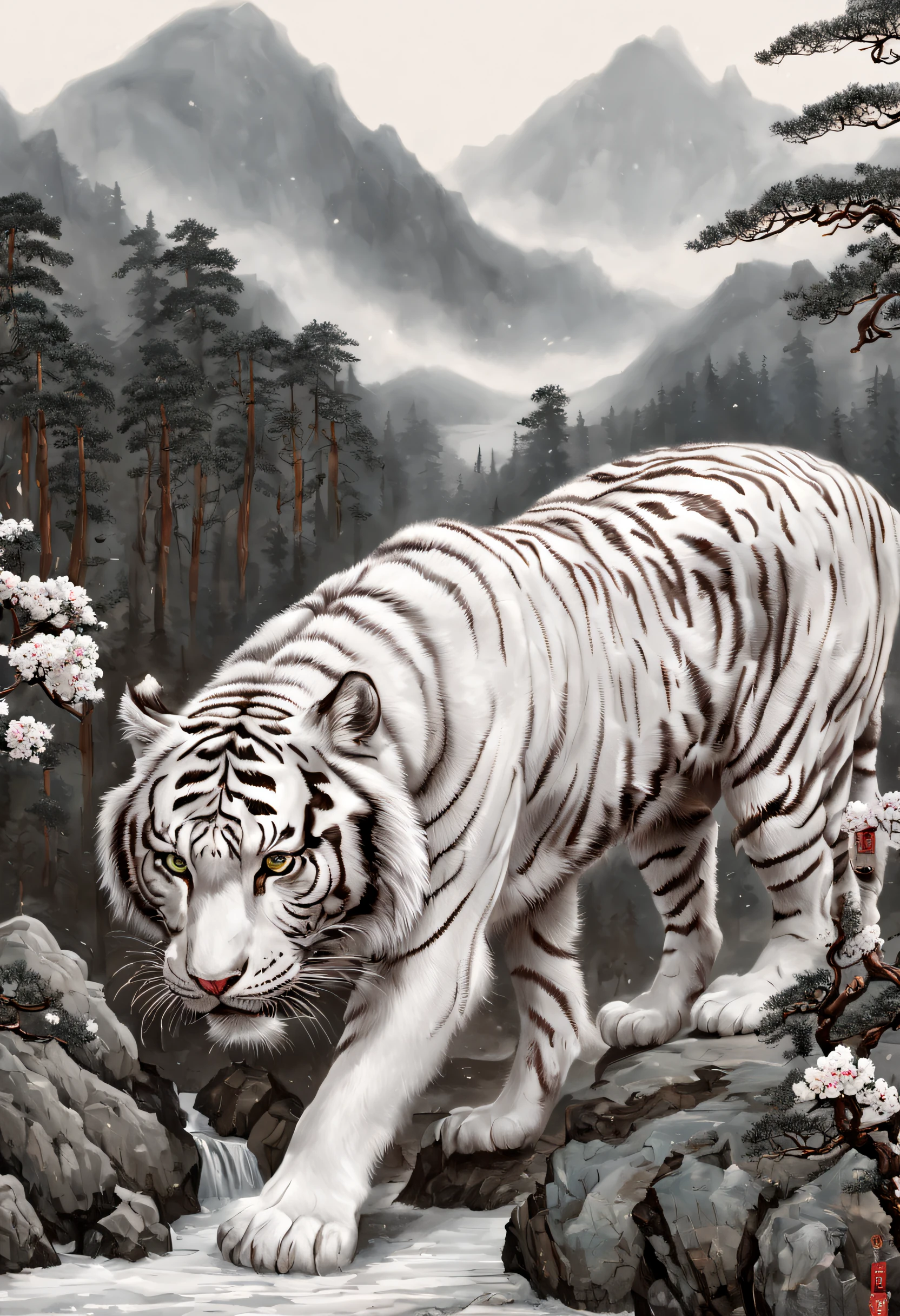 The white tiger is mighty and ferocious，Green pines and tall cypresses，Surrounded by clouds，craggy mountains，old palace，Surrounded by snow and ice，[(white backgrounid:1.5)::5]，中景 the scene is，Full body photo，Chinese，Plum blossom fragrance，stone fragment，Beautiful and delicate Chinese white tiger，(Fine strokes: 1.1), Dynamic depiction, Vivid and real, mesmerizing charm, rich pictures, 8K, Ink painting and watercolor, artistic décor, expected insert, wide angles, super detailing, Best quality, A high resolution, Anatomical correct