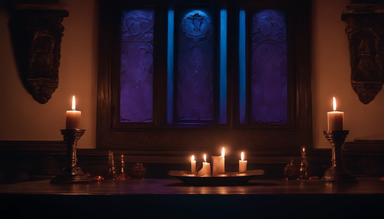 An eerie glimpse into a mystical numerology chamber, strange symbols and arcane tools float weightlessly, illuminated by candles that seem to defy gravity, blue and purple hues create an otherworldly mood. Canon 6D Mk II with 50mm lens. f/2.8, 1/60s, ISO 1250