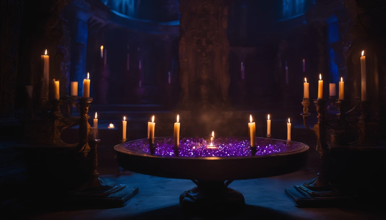 An eerie glimpse into a mystical numerology chamber, strange symbols and arcane tools float weightlessly, illuminated by candles that seem to defy gravity, blue and purple hues create an otherworldly mood. Canon 6D Mk II with 50mm lens. f/2.8, 1/60s, ISO 1250