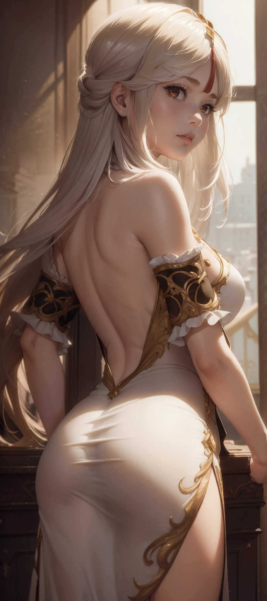(1girl:1.3), (photorealistic:1.4), (masterpiece, top quality, best quality, official art), extreme detailed, highest detailed, (ultra-detailed), ((an extremely delicate and beautiful)), cinematic light, contemporary, silky long hair, she standing at the library, in evening, shirt, long skirt, butt crack, upper body, from above, shy, blush, (looking back:1.4),