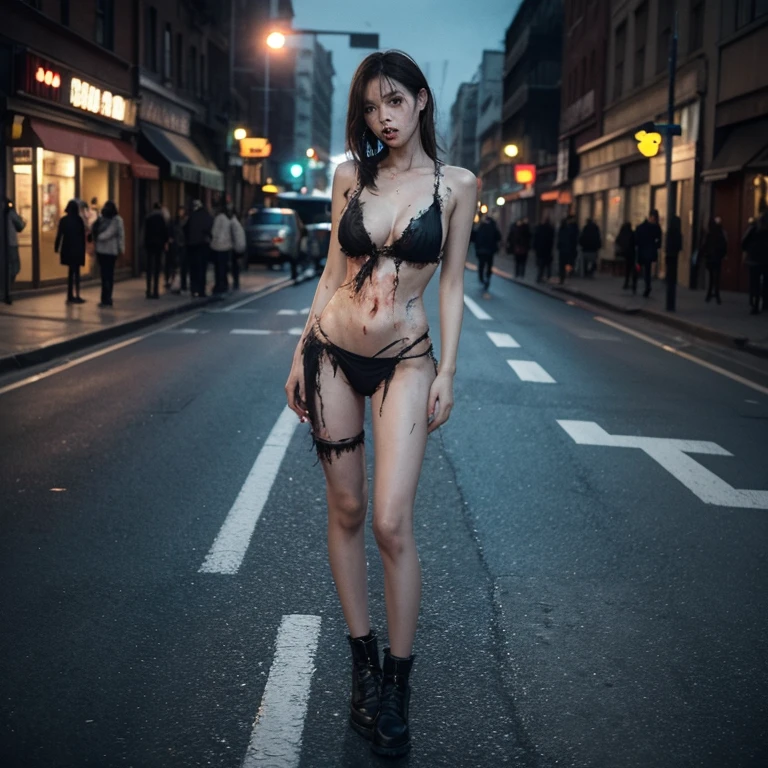 Zombie girl，Raised sexy，The clothes are torn，on the street，Stand with hands and feet twisted，Skin ulceration，Tummy down，Stand on the ground with your legs spread wide