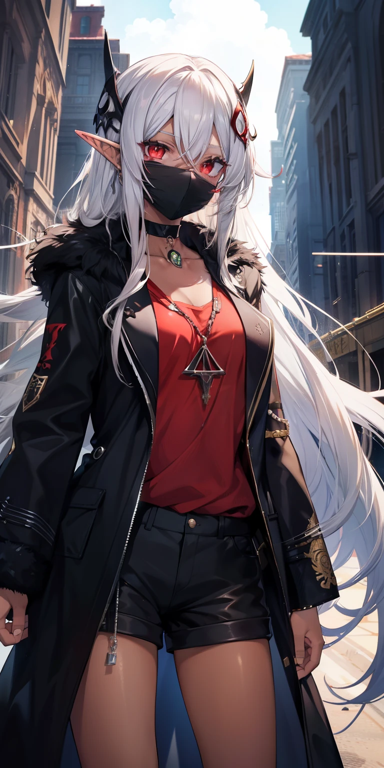(masutepiece: 1.2, Best Quality), 1 Lady, Solo, silber hair,The long-haired, Red Eyes, Black skin,sun burn,Brown skin,elvish、a choker,Silver Accessories,,shortpants,Black mask,far coat