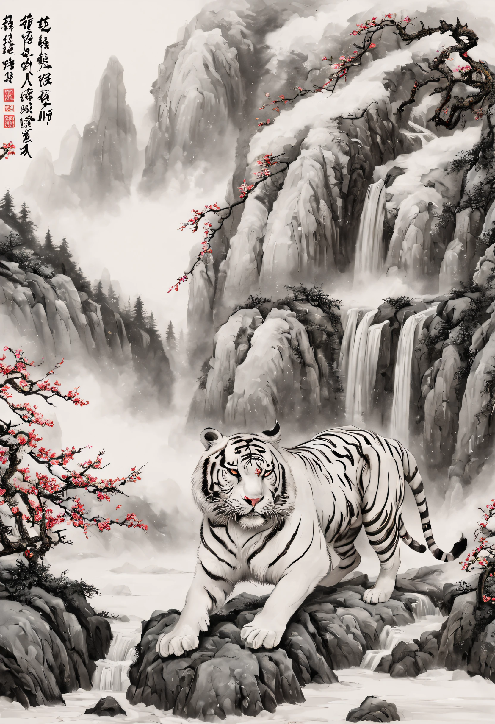 The white tiger is mighty and ferocious，Green pines and tall cypresses，Surrounded by clouds，craggy mountains，old palace，Surrounded by snow and ice，[(white backgrounid:1.5)::5]，中景 the scene is，Full body photo，Chinese，Plum blossom fragrance，stone fragment，Beautiful and delicate Chinese white tiger，(Fine strokes: 1.1), Dynamic depiction, Vivid and real, mesmerizing charm, rich pictures, 8K, Ink painting and watercolor, artistic décor, expected insert, wide angles, super detailing, Best quality, A high resolution, Anatomical correct
