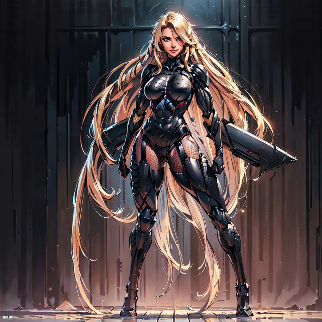 (N@t4_L33, woman), dynamic pose, ((full body)), ((Black matte armor, )), (masterpiece, best quality), dslr,, ( Blond Hair, middle parting Hair, very_long_hair:1.2), Blue Eyes, Mascara, Eyeliner, High resolution, Ultra-pointu, 16k, Masterpiece, three sided view, smile,