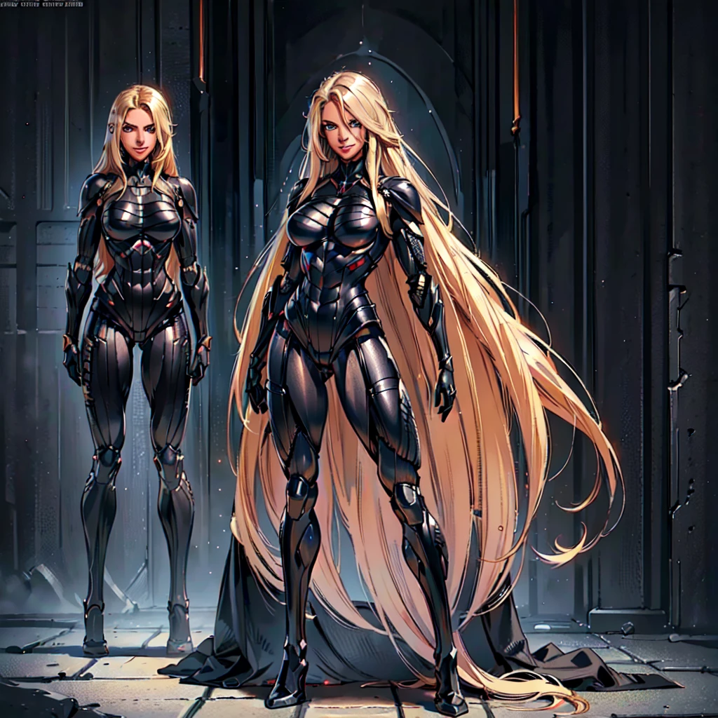 (N@t4_L33, woman), dynamic pose, ((full body)), ((Black matte armor, )), (masterpiece, best quality), dslr,, ( Blond Hair, middle parting Hair, very_long_hair:1.2), Blue Eyes, Mascara, Eyeliner, High resolution, Ultra-pointu, 16k, Masterpiece, three sided view, smile,