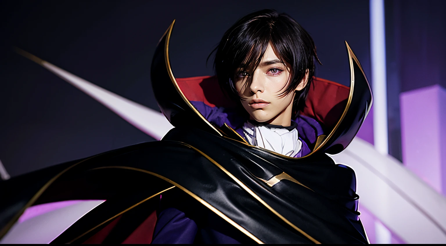 masterpiece, best quality, lelouch lamperouge, solo, looking at viewer, short hair, purple eyes, geass black cape, brown hair, cape, formal, high collar, long sleeves, purple suit, suit, mksks style, professional lightning, spotlight, city, upper body, detailed face, detailed eyes