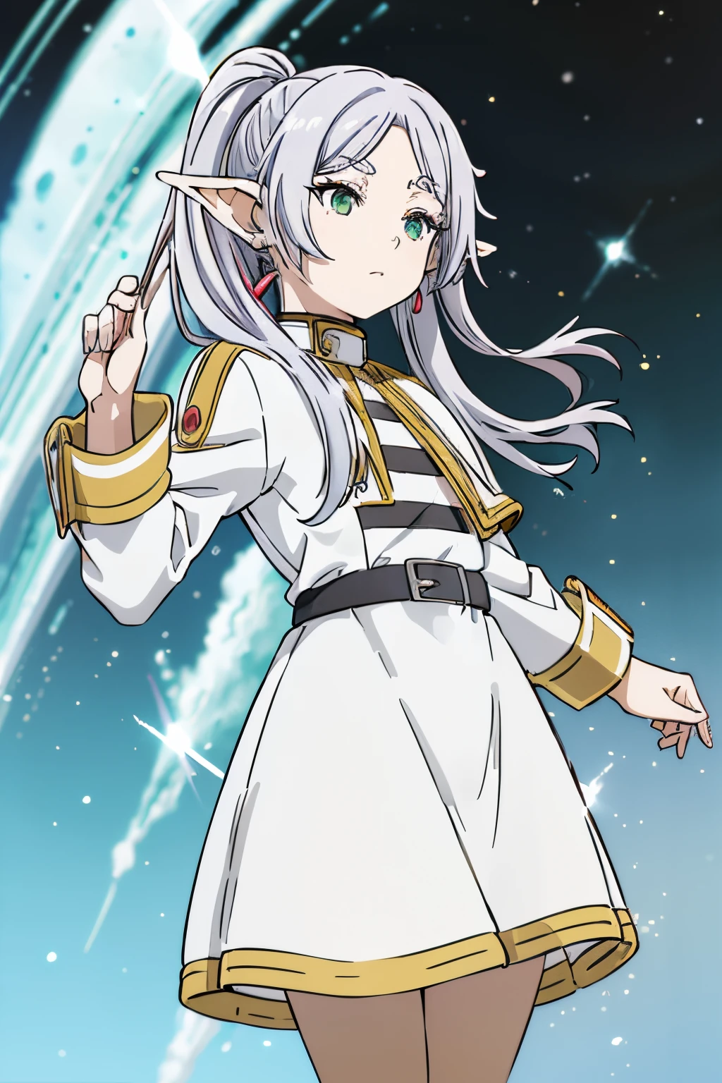 FrierenNDV, 1 chica, pelo blanco, dos coletas, ojos verdes, pechos medianos, pelo largo, orejas puntiagudas, duende, flequillo partido, capa blanca, vestido blanco, beltt, mangas largasamigos,ojos verdes,pelo largo,twintails,flequillo partido,aretes,jewely,vestido,mangas largas,capa blanca,beltt,pantimedias negras,botas,brown footwear,