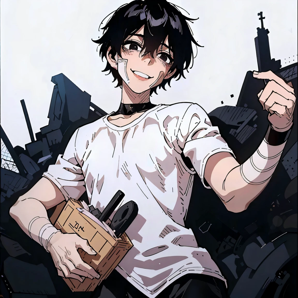 Male character,black haired guy, short black hair,doll like features, beautiful yet creepy, black eyes, unsettling smile, dark background, death eyes, unnatural smile, pretty, doll like, young adult, pale face,porcelain skin, pixie haircut, bangs, man, portrait