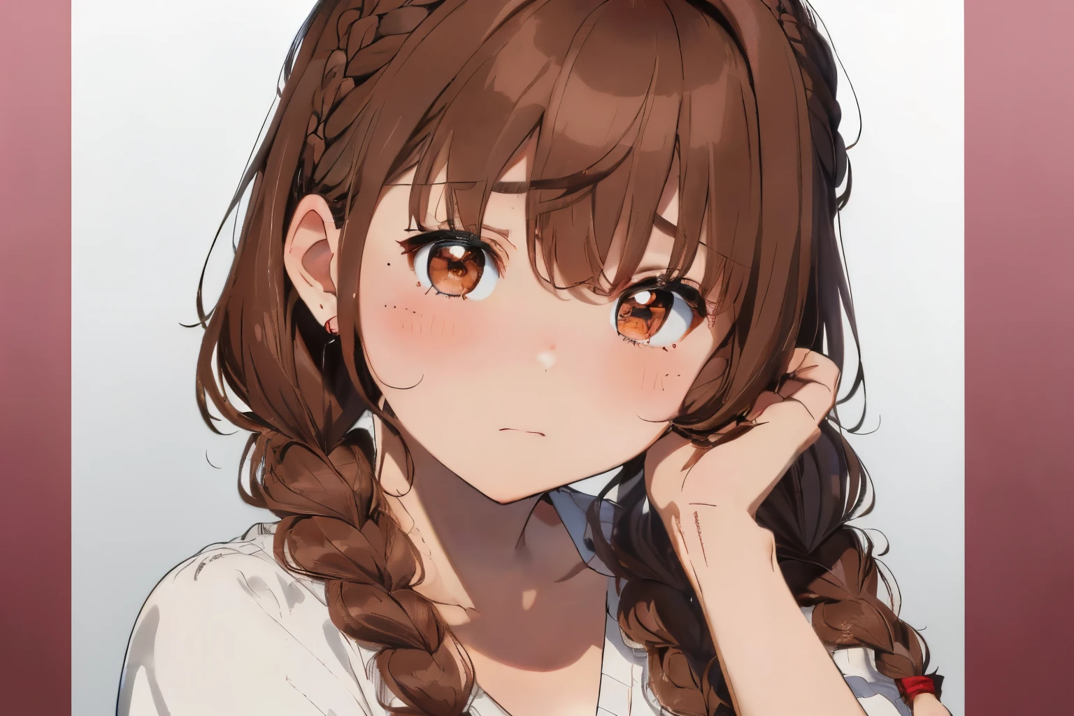 fluffy hair,((With bangs)),brown haired,((Braided shorthair)),Slightly red tide,((Brown eyes)),A face that looks like it's turned away,((He puffed out his cheeks and looked troubled...)),(fold your hands and do a cross pose),(close up of face)