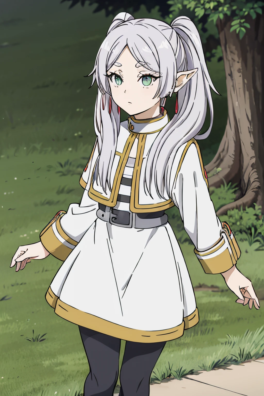 FrierenNDV, ojos bien hechos,ojos definidos,1 chica, pelo blanco, dos coletas, ojos verdes, pechos medianos, pelo largo, orejas puntiagudas, duende, flequillo partido, capa blanca, vestido blanco, beltt, mangas largasamigos,ojos verdes,pelo largo,twintails,flequillo partido,aretes,jewely,vestido,mangas largas,capa blanca,beltt,pantimedias negras,botas,brown footwear,