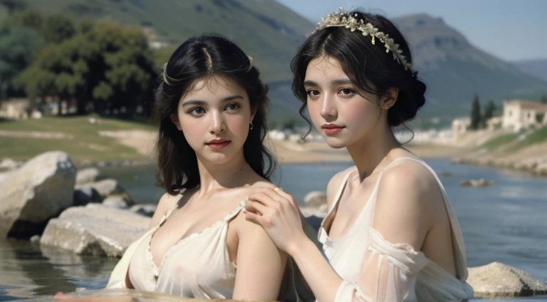 (top-quality、hight resolution、masterpiece)、((Watercolor in Sargent style))、(David Hamilton Style)、(softfocus)、ancient greek scene 、The world of Bilitis songs、(greek female bard)、22year old、美丽的面容、Well-formed eyes and nose、Bewitching smile、Detailed depiction of the face、Classic hairstyles、Beautiful figure、detail portrayal、(ancient greek clothes)、(White tunic)、greek toga、(two womens)、(two women are sitting on a rock in the river)、(Accurate hand and finger depiction)、Cinematic scenes、ciinematic light、softlight、raytrace、luminous sky、greek architecture columns、greek pine、(nostalgia)、classic vibes、Blur the background、