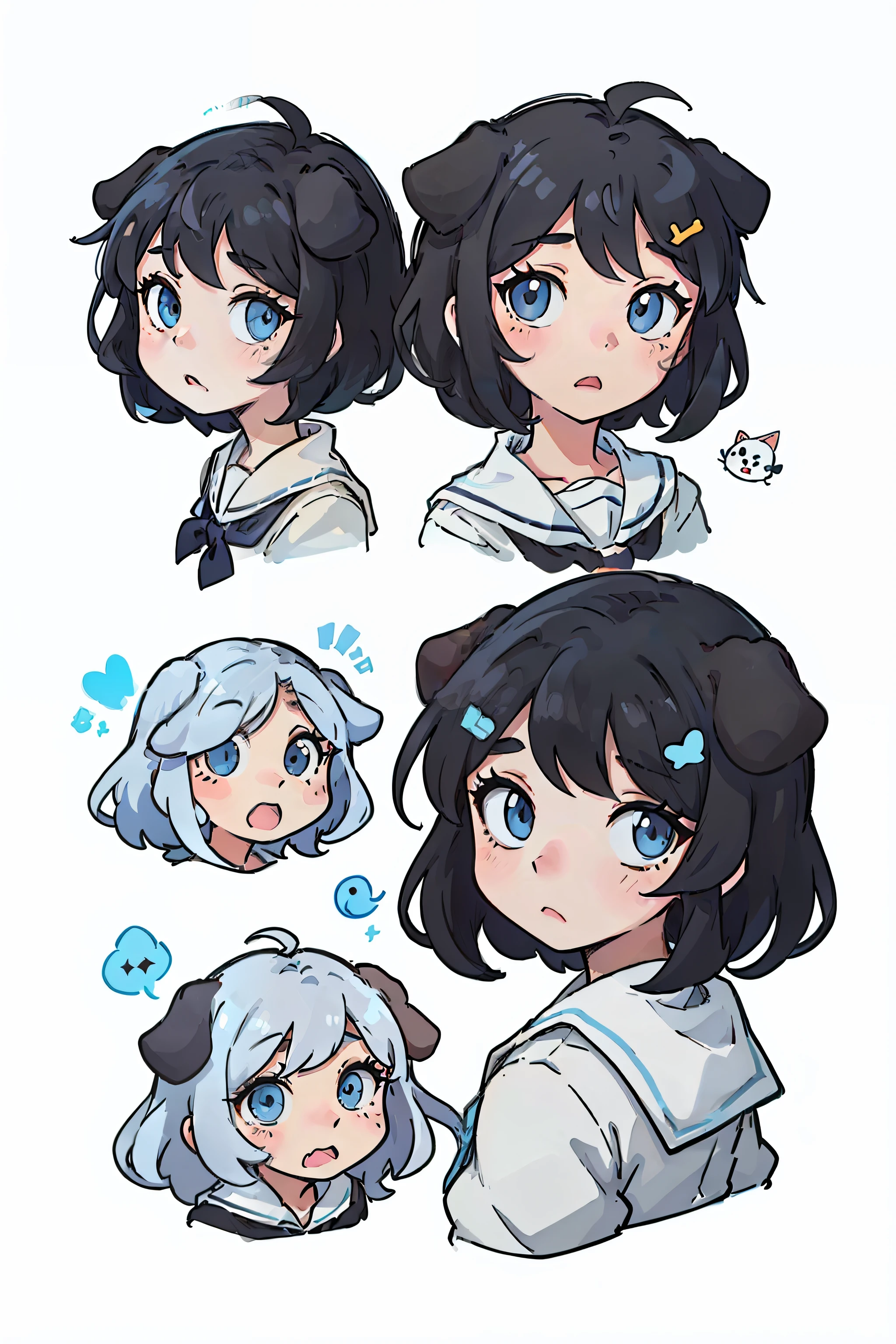 Cute puppy,black color hair,dog ears,light blue eyes,There are various expressions at the beginning of school,adorable eyes,white BE, illustration nii 5 style cute, emoji as illustration set, It has a bold comic line style,
Dynamic pose deep white,,F/64 group,related characters,old meme kernel