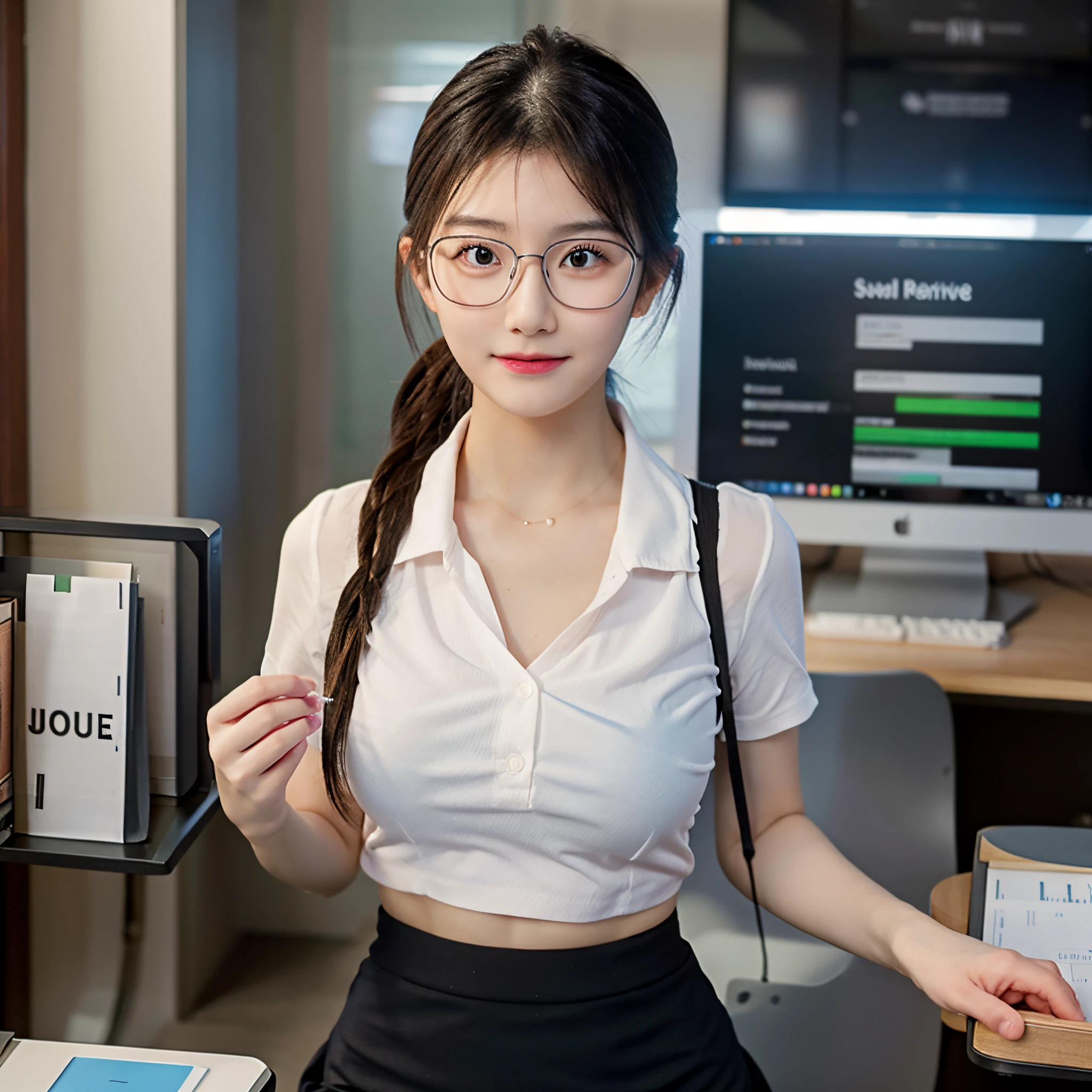 raw, 8k, hight_resolution, real_girl,
20_years_gorgeous_girl, cute,
fitness_figure, circle_spectacles,
Hugebreast, office_wear, short_skirt, shirt_open_button, clevage