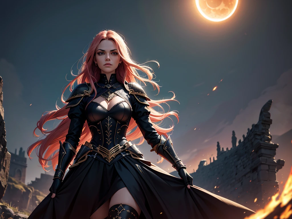 Uma personagem feminina usando capa, cabelos curtos dourados, In the midst of the crowd,Eclipse,goth clothing, detalhadas, 8k, magnificent art, dramatic scene, Eclipse vermelho no topo da imagem, Gothic armor with golden details, vampiro, fluttering cover, arms crossed on a high rock.