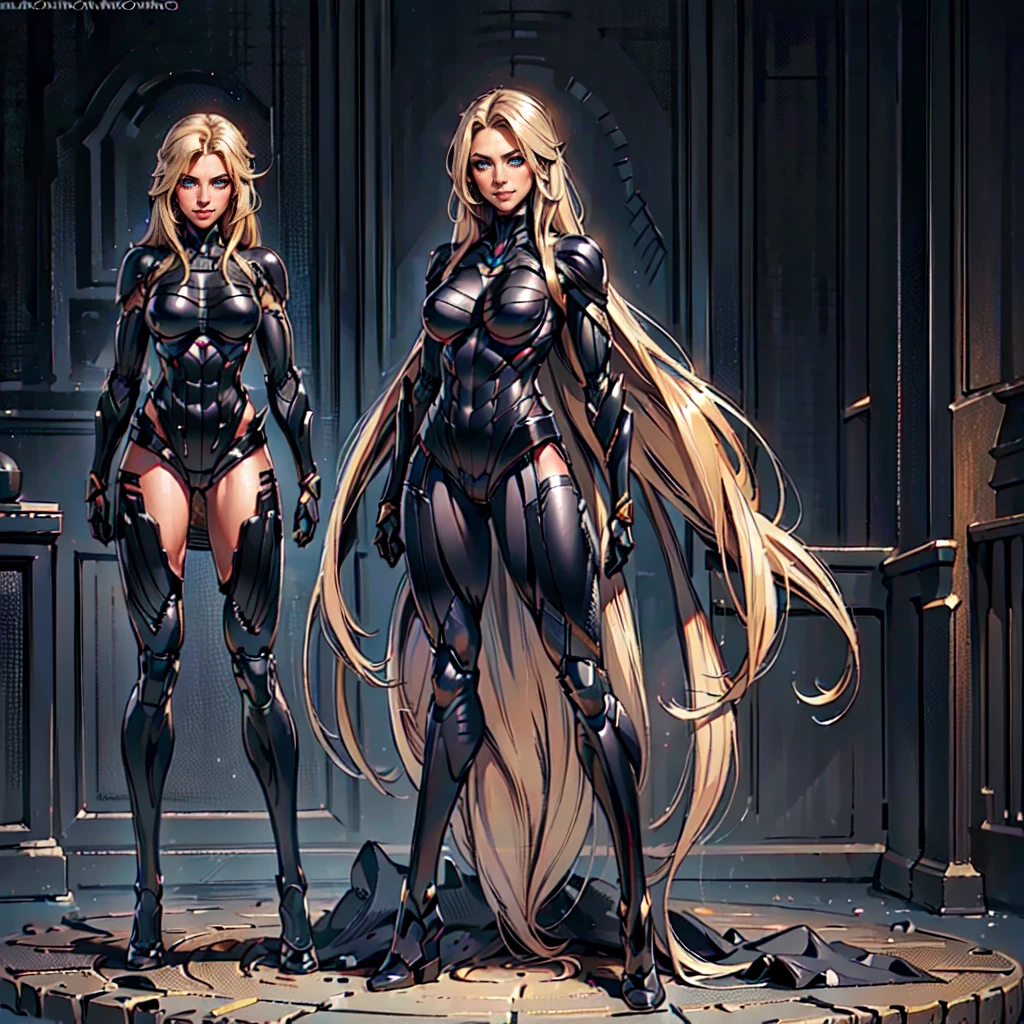 (N@t4_L33, woman), dynamic pose, ((full body)), ((Black matte armor, )), (masterpiece, best quality), dslr,, ( Blond Hair, middle parting Hair, very_long_hair:1.2), Blue Eyes, Mascara, Eyeliner, High resolution, Ultra-pointu, 16k, Masterpiece, three sided view, smile,