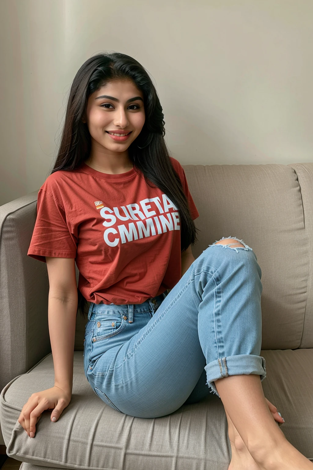 14 years old girl named mouni roy, wearing tshirt and jeans, full body photo, smiling, side sitting on sofa, barefoot, feet on sofa