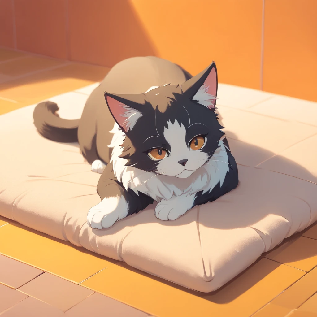Cute isometric cat emoticon, tuxedo jack, black and white cat, Fluffy and cute, Kitten lying down with eyes closed, Lateral face ,Pastel gold background, soft and muted colors, 3d icon clay render, springtime: 120mm, 3d blender render, Trending on Polycount, modular constructivism, Orange background, physically-based renderingt,