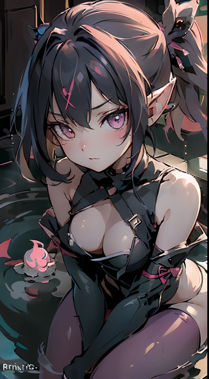 age girl,flatchest,Riki Hot Spring(Large hot spring pond,Bright interior,Soak your lower body in the hot springs),Bat wings,Succubus Tail,Gothic(tightsuit,Trinkets),Clear facial features,Front lens,8K,details and colors:1.4,Excellent work,human chorionic gonadotropin,Highest image quality:1.4,Frontal light source,Natural soft light,prettify