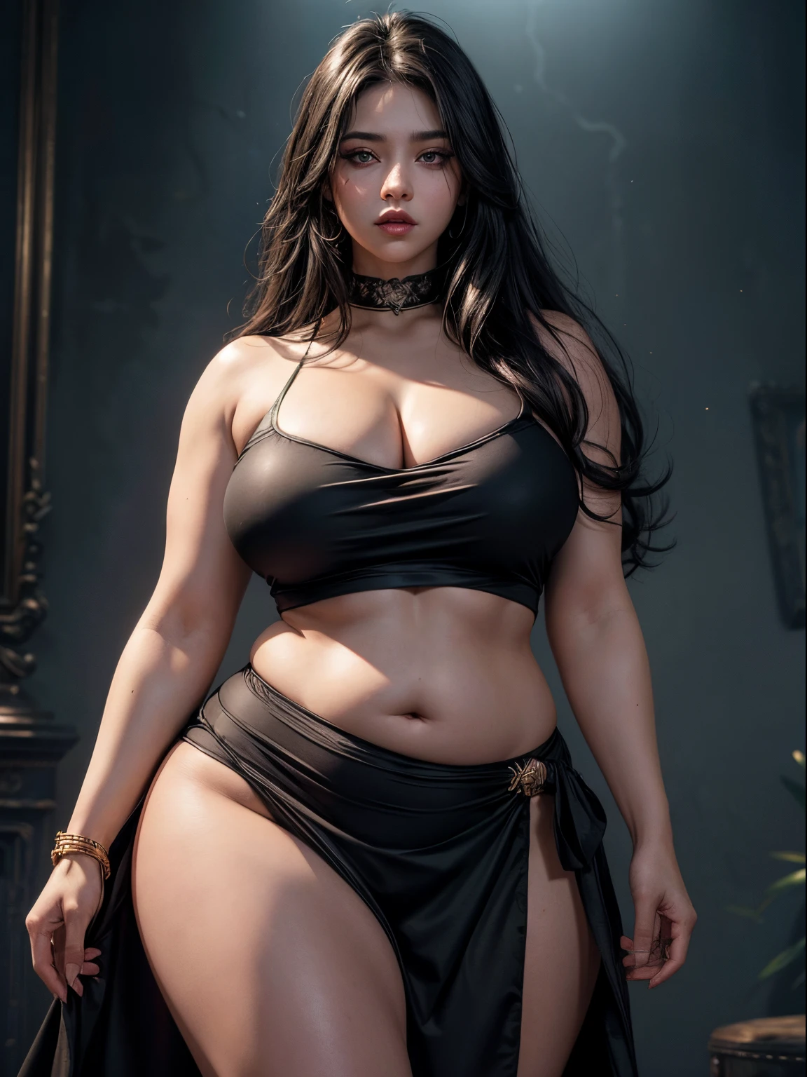 (masterpiece),(best quality:1.0), (ultra highres:1.0), detailed illustration, 8k, 1 women, very long hair, thick biceps , tall giant, dark circles under eyes, black lipstick, black eyeshadow, braless, plumpy belly, fat body, chubby tummy, thick thighs, muscular body, muscle biceps, black top, black sarong