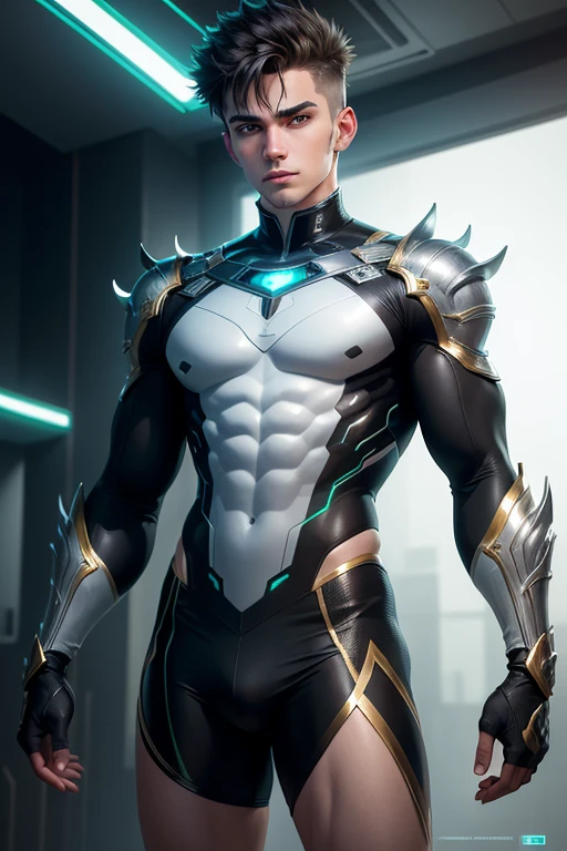 A highly detailed photograph of a white 18-year-old guy futuristic green eyes, well groomed short black hair, looking straight at the camera, looking straight at the camera, futuristic silver super warrior short suit with dragon, and gold details, short sleeves, and shorts, revealing biceps and legs, looking straight at the camera,masculine pose, looking at the camera head on, handsome, atractive, with mischievous look, happy expression, in a tech futuristic neon room, beautiful illumination. hyperrealistic, hyperdetailed, 4k,