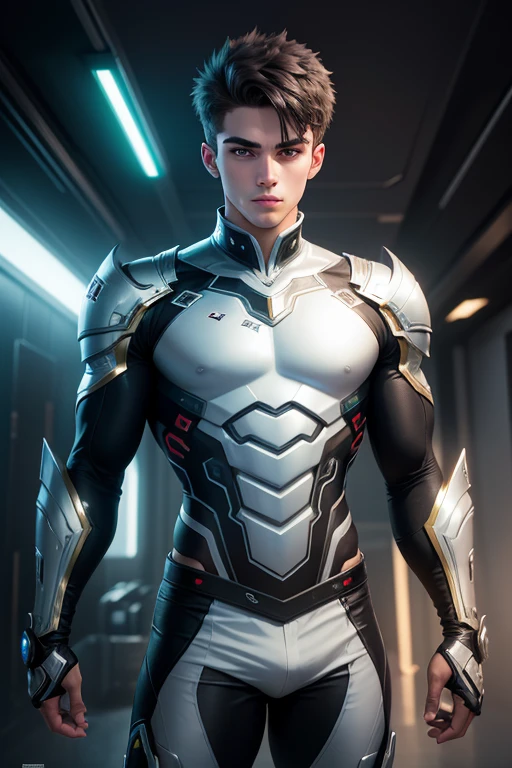 A highly detailed photograph of a white 18-year-old guy futuristic green eyes, well groomed short black hair, looking straight at the camera, looking straight at the camera, futuristic silver super warrior short suit with dragon, and gold details, short sleeves, and shorts, revealing biceps and legs, looking straight at the camera,masculine pose, looking at the camera head on, handsome, atractive, with  mischievous look, happy expression, in a tech futuristic neon room, beautiful illumination. hyperrealistic, hyperdetailed, 4k,