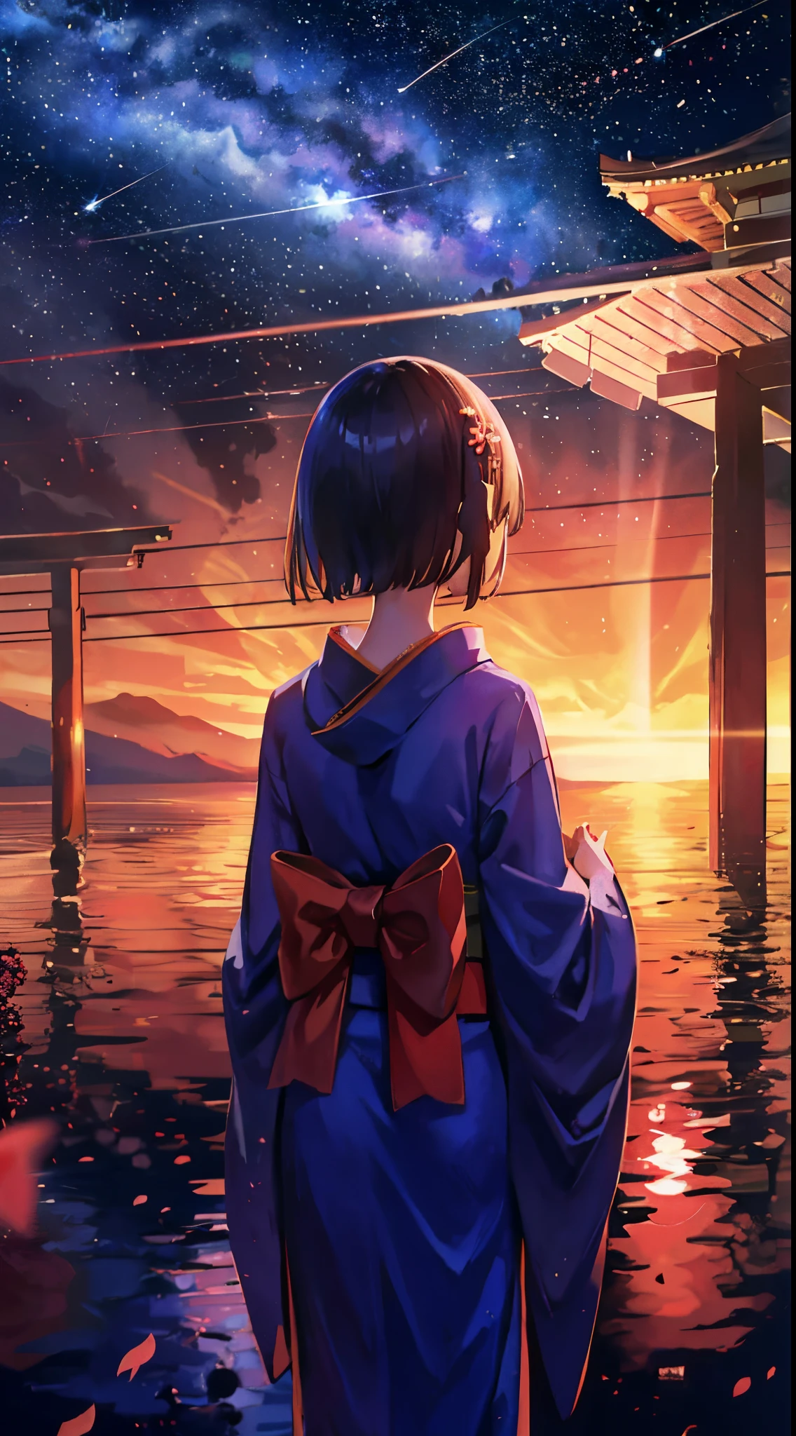 1girl, distant girl wearing a kimono staring at the stars, (zoomed out:1.1), (meteor shower:1.2), (comet:1.1), your name, low angle, from behind, aroura borealis, shooting star, yukata, red kimono, cherry blossoms, standing in a field,best quality, masterpiece, cloud,colorful, starry,stars,