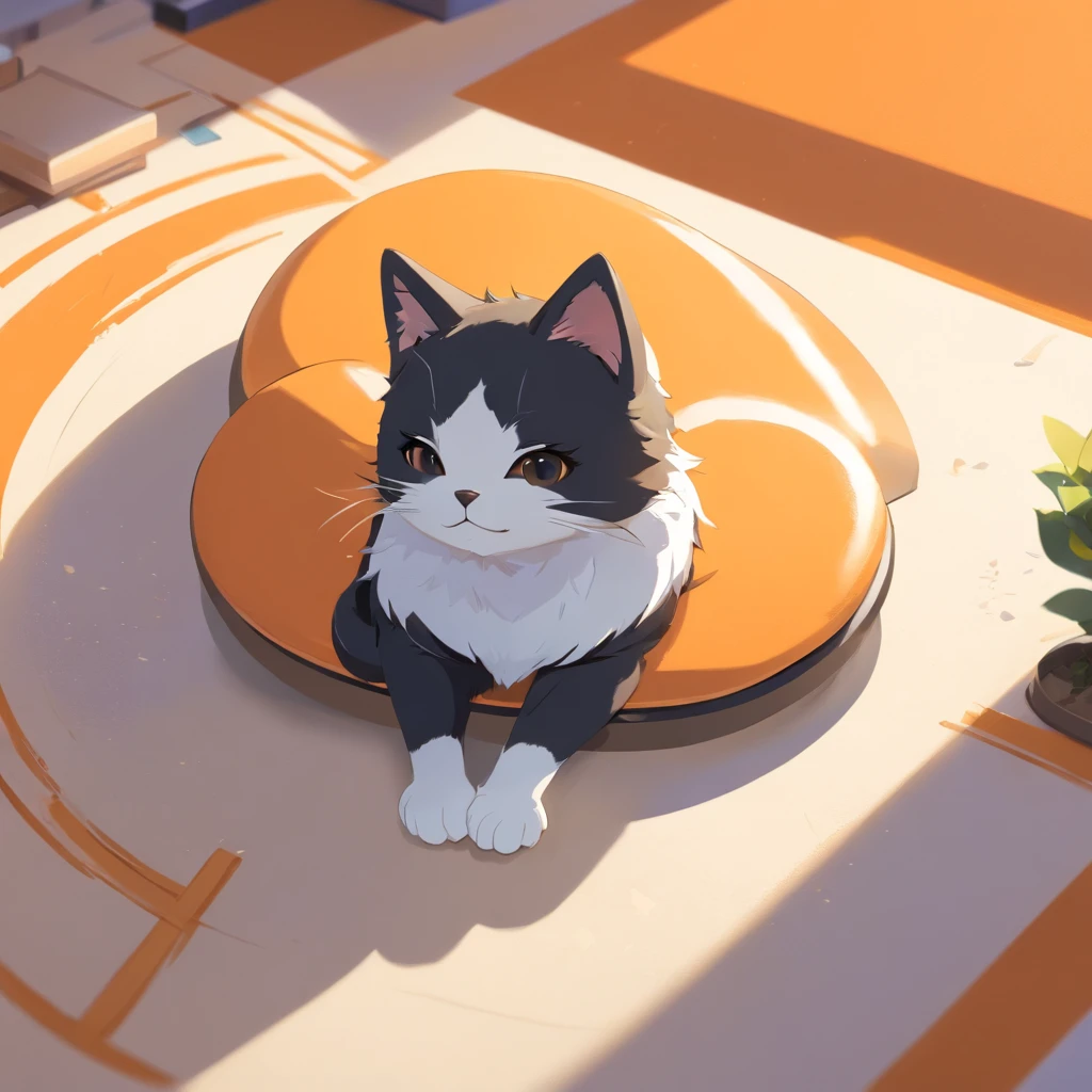 Cute isometric cat emoticon, tuxedo jack, black and white cat, Fluffy and cute, The kitten lies on its side with its eyes closed and its whole body ,Pastel gold background, soft and muted colors, 3d icon clay render, springtime: 120mm, 3d blender render, Trending on Polycount, modular constructivism, Orange background, physically-based renderingt,